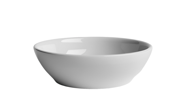 Transparent png of a centered view of a simple ceramic bowl with a plain finish against a neutral presentation stage –real image , without background –isolated on transparent background.