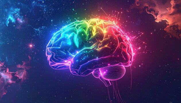 Creative intelligence and cosmic consciousness visualized as a radiant, colorful brain amidst a vibrant galaxy - Powered by Adobe
