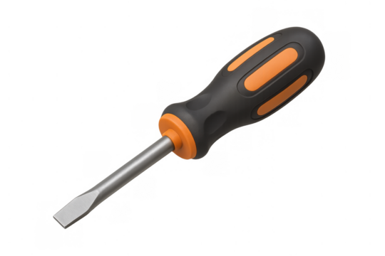 Flathead screwdriver with black and orange handle, essential hand tool for repairs and diy projects, transparent background