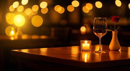 Romantic Dinner Setting with Candlelight and Wine Glass.