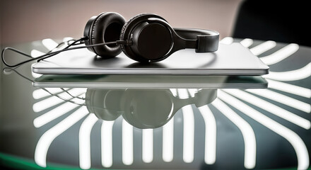 Headphones resting on laptop with polarized lighting, graphic reflections, suitable for Cyber Monday sale.