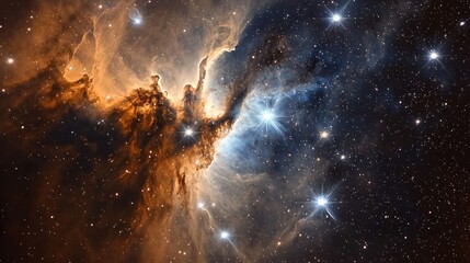 A nebula with orange and blue hues, surrounded by stars and gas clouds, set against a dark backdrop with a few scattered stars.