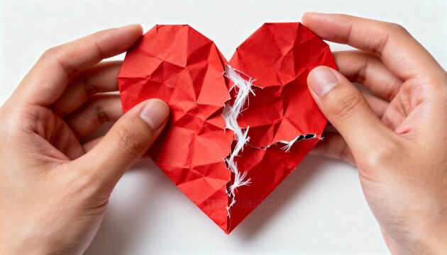 Hands holding a crumpled, ripped, red paper heart shape on white background