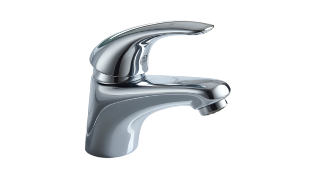 Transparent png of close up view of a shiny chrome faucet with sleek design against a plain simple presentation style –real image , without background –isolated on transparent background. - Powered by Adobe
