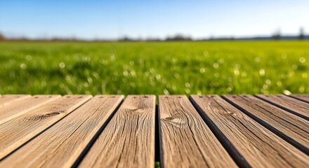 Wooden Deck Overlooking a Green Field on a Sunny Day.