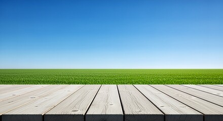 Wooden Deck Overlooking Green Field and Blue Sky.