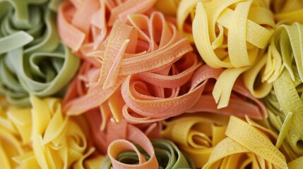 Colorful pasta ribbons in various shades of green, pink, and yellow. The scene showcases a variety of fettuccine-style noodles arranged together.