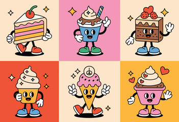 Groovy Dessert Character Set – Retro Style Cute Sweet Food Mascots, Fun Flat Vector Illustration for Stickers, Posters, Kids Menu and Cartoon Design