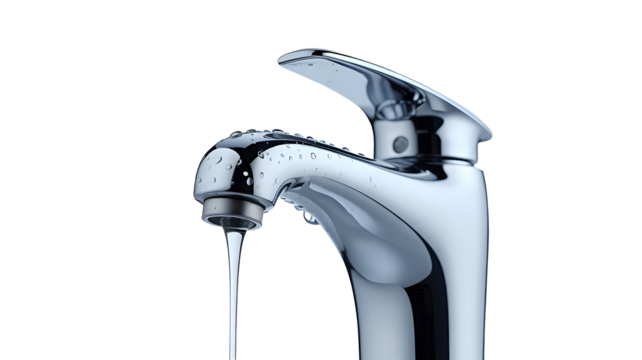 Transparent png of a chrome faucet with droplets and a stream of liquid against a plain, simple, even-toned setting –real image , without background –isolated on transparent background.