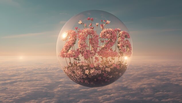 Stunning floral numbers inside a glass sphere float serenely above a sea of clouds at sunrise, symbolizing new beginnings and growth. - Powered by Adobe