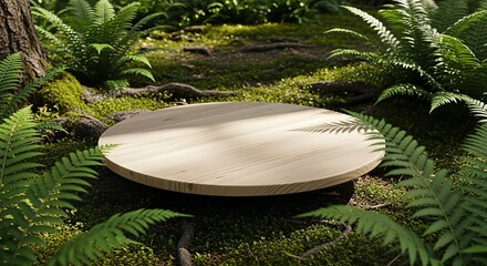Wooden podium in lush green forest setting for product display.