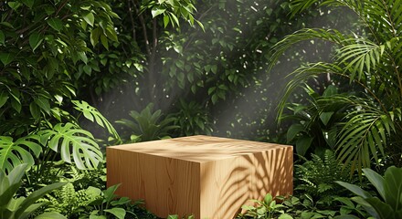 Wooden podium in lush tropical forest for product display.