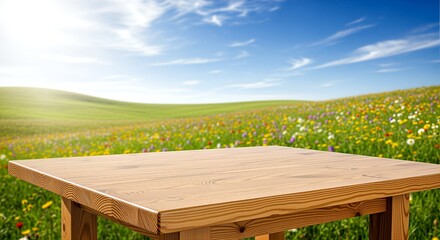 Wooden Table in a Sunny Meadow Landscape with Blue Sky.