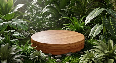 Wooden Podium Surrounded by Lush Green Tropical Plants.