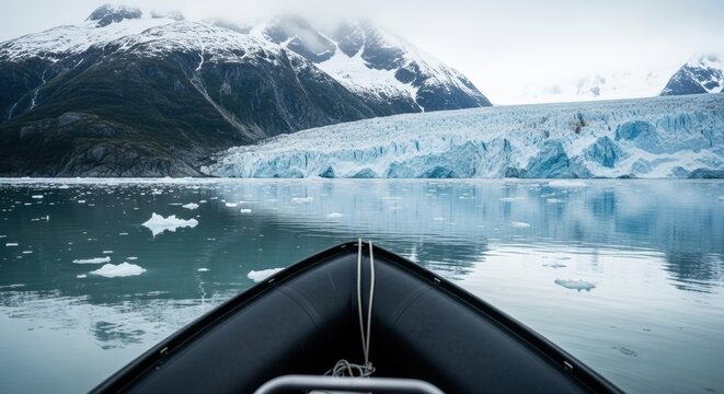 First person view from an expedition boat navigating an icy bay. Majestic glacier and snow covered mountains. Adventure travel and tourism in a remote arctic wilderness. Climate change concept