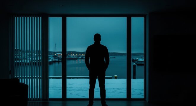 Solitary man in a dark room observing a snowy harbor from a large window. Leadership and vision concept for business success. Contemplation and strategic thinking in a modern interior