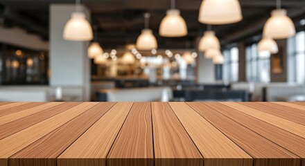 Wooden Table Top with Blurred Restaurant Interior Background.