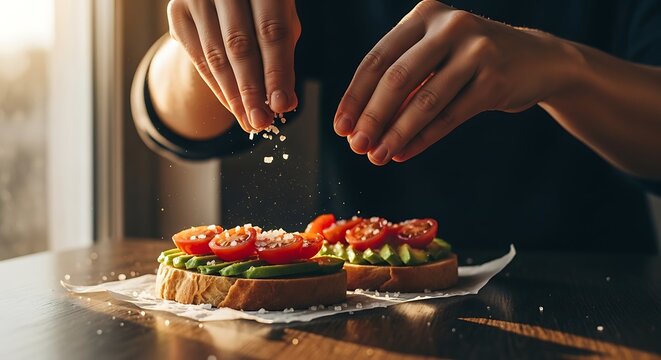 Hands seasoning avocado toast with tomato slices and sprinkled sea salt
