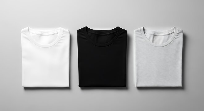 Three folded tshirts in white, black, and light grey laid flat on a neutral surface mockup background