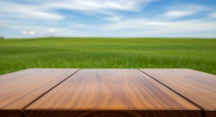 Wooden Table with Green Field and Blue Sky Background.