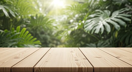 Wooden Table with Tropical Greenery Background for Product Display.