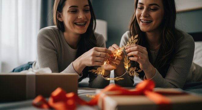 Two young Caucasian women sharing a happy moment. Friends or sisters celebrating with gifts on a bed. Holding decorative golden leaf fairy lights. Cozy home lifestyle for holiday season marketing