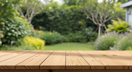 Wooden Tabletop with Blurred Garden Background - Ideal for Product Mockups.