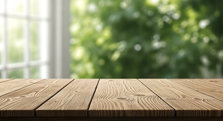 Wooden Tabletop with Blurred Green Background for Product Display.