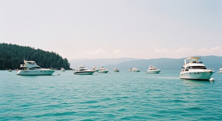 Obraz premium Luxury yachts anchored in a tranquil turquoise bay. Exclusive maritime lifestyle for the wealthy. A fleet of motorboats for a summer social event. Financial success and opulent vacation travel