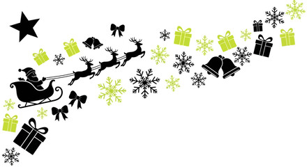 Magical Santa's sleigh ride brings joy with flying reindeer, festive gifts, snowflakes, and bells, perfect for holiday celebrations and winter magic.