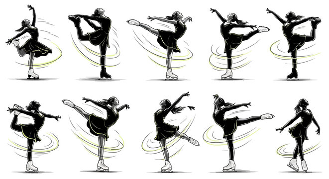 Elegant female figure skaters showcase dynamic poses and graceful movements on ice, capturing the artistry and athleticism of winter sports.