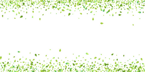 Leaves Green Falling. Spring Flying Foliage. Chaotic Leaf On White Background. Ecology Design, Nature Elements. Spring Sale Vector Illustration. Greenery Environment Backdrop.