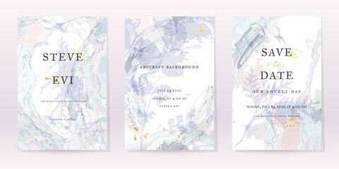 Purple Watercolor Set Vector Background. Flower Wedding Abstract Design. Gold Luxury Spray on Watercolor Marble Texture. Pastel Cold Tones Minimal Style. Frame Art For Prints and Invitations Cards.