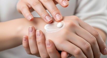 Application of lotion on hands for skincare routine, showing fingers and nails in a close up view