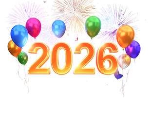 New Year Celebration Scene with Fireworks, Balloons, and 3D Numbers, Isolated PNG