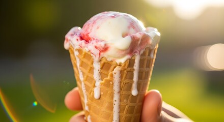 A melting strawberry ice cream cone held in hand against a blurry green background in the sunshine