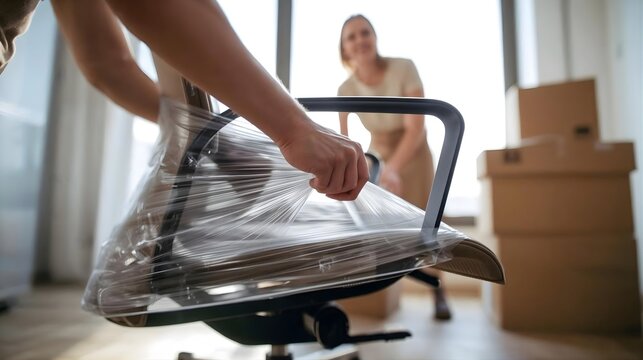 Close-Up of Mover Wrapping Office Chair with Plastic Film While Colleague Stacks Boxes in Bright Workplace