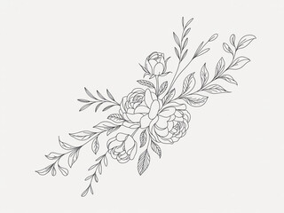 Elegant hand drawn botanical illustration of delicate roses and greenery in a stylized floral arrangement on a white background