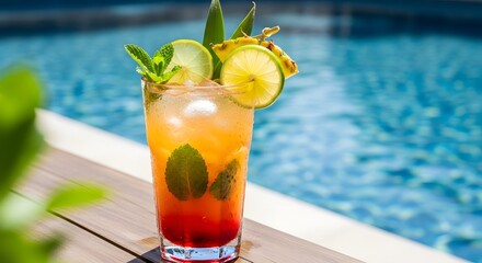 A vibrant tropical cocktail with pineapple and citrus by a refreshing swimming pool on a sunny day