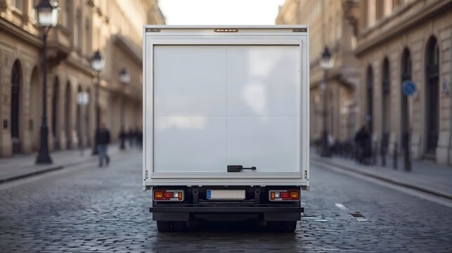 Mid-Shot of White Delivery Truck on Cobblestone Street with Blank Cargo Panel and Blurred Urban Architecture Background