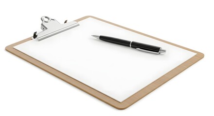 A clipboard with blank paper and a black pen lying on top isolated on a white background view from above