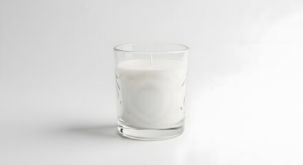 A simple view of a white candle in a clear glass on a white background in a studio setting