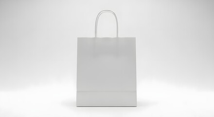 A simple white paper bag with handles stands on a white surface in a clean studio setting view