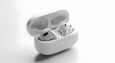 A pair of wireless earbuds sitting inside of their charging case on a white surface in studio light