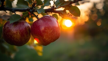 Harvest fresh ripe apples at sunset and evoke the joy of autumn, perfect for seasonal promotions or healthy food campaigns with natural golden light