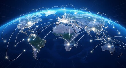 Global Network Connections: Earth at Night with Illuminated Trade Routes