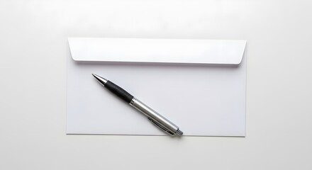 A simple view of an envelope with a silver pen resting on its surface on a white background plain scene