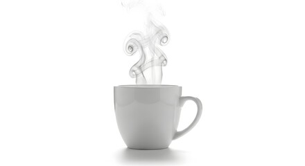 A white mug with steam rising from it against a plain white background in a studio setting shot