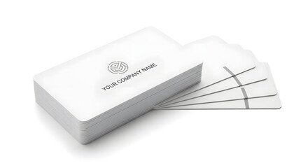 Stack of white business cards with company logo and name on a white surface in studio light