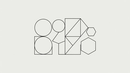 A minimalist composition of various geometric shapes including circles squares hexagons and triangles arranged in a modern abstract pattern on a neutral background